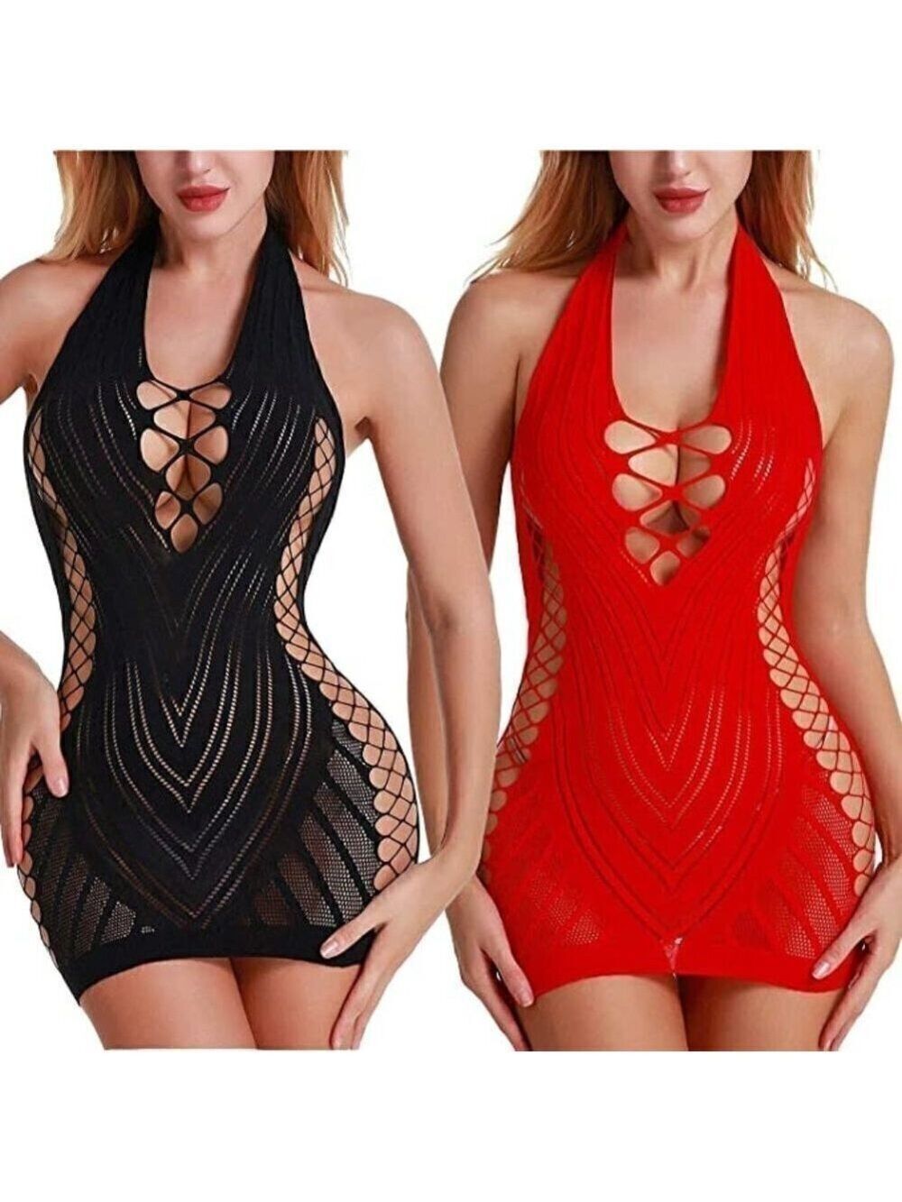 PLUS Size Seamless Fishnet Chemise Sexy Lingerie Mesh Halter Dress Babydoll NWT